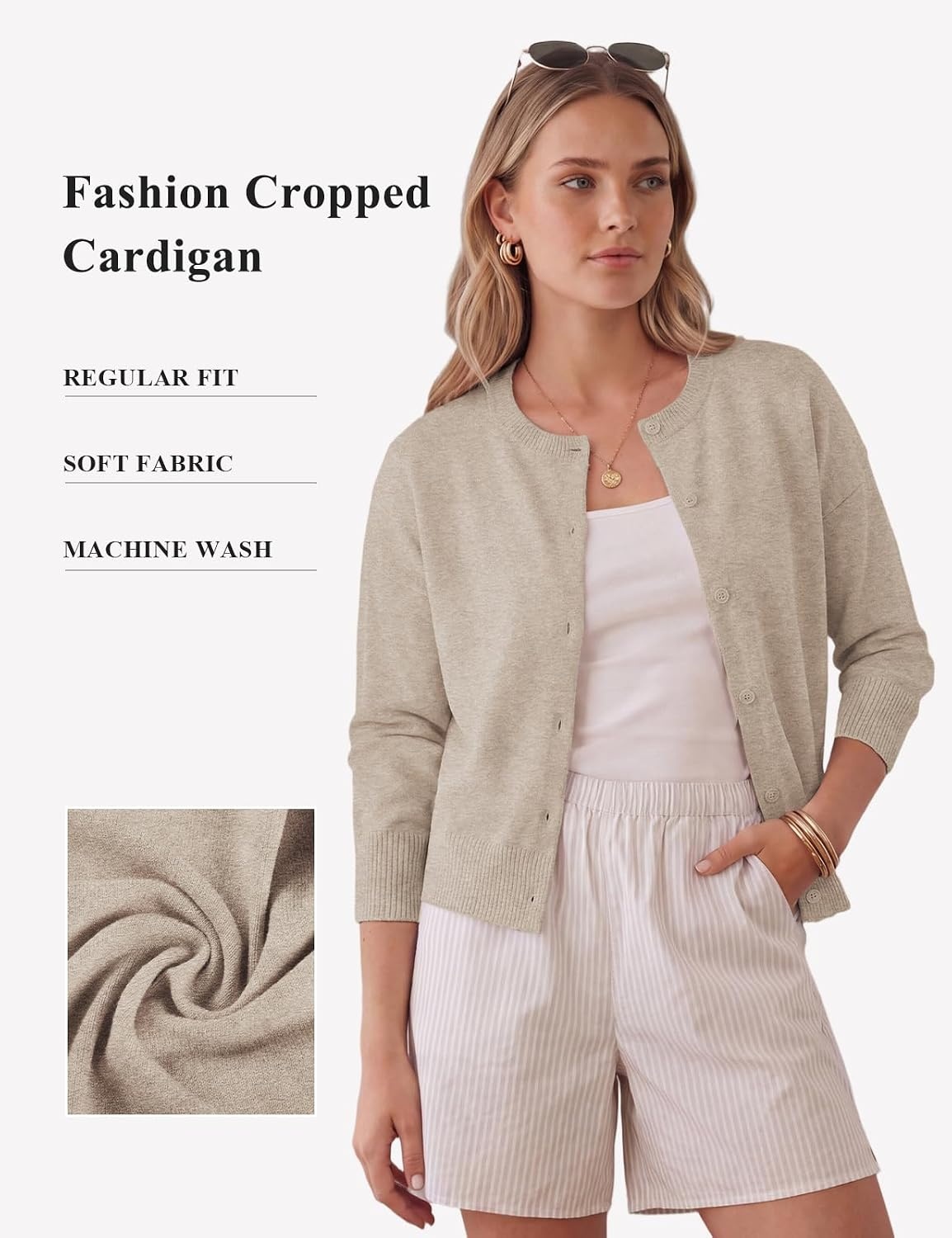 image:imageGRACE KARIN Cropped Cardigan Sweaters for Women Long Sleeve Crew Neck Open Front Jackets Y2K Fall Fashion Clothes 2026Khaki