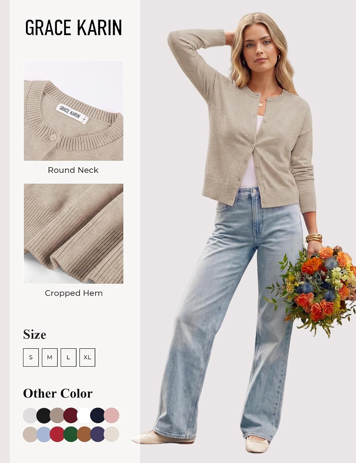 image:imageGRACE KARIN Cropped Cardigan Sweaters for Women Long Sleeve Crew Neck Open Front Jackets Y2K Fall Fashion Clothes 2026Khaki