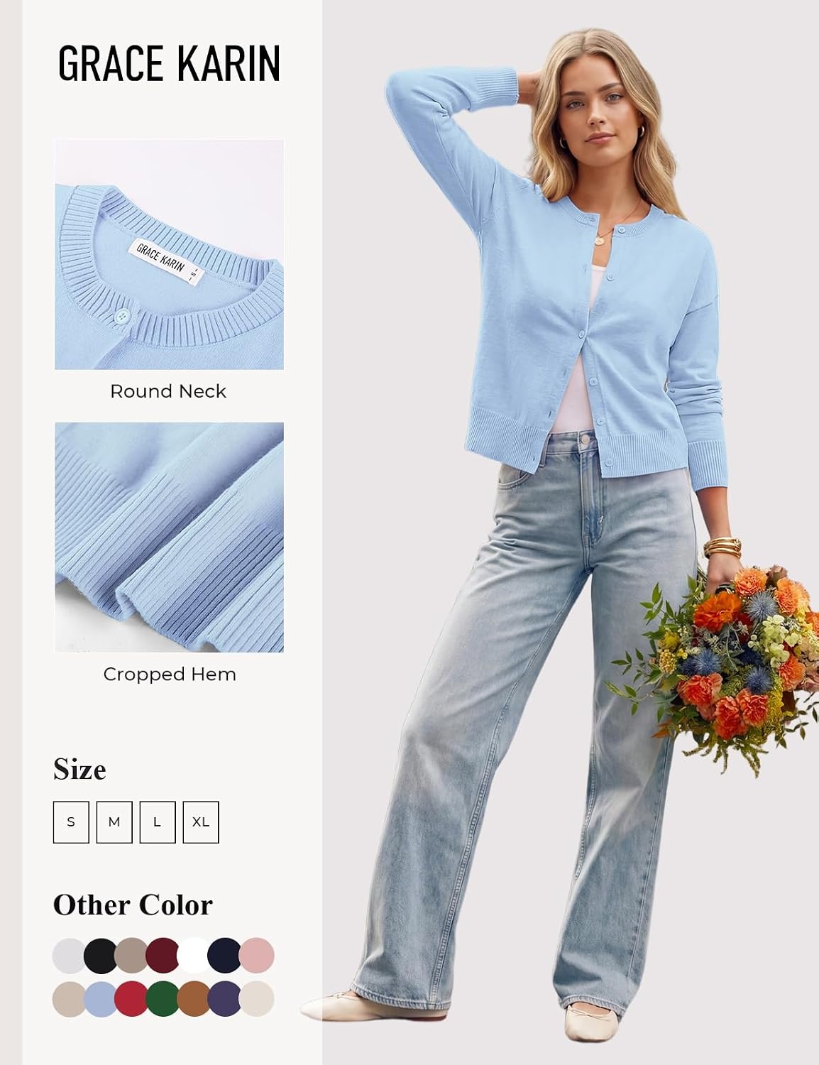 image:imageGRACE KARIN Cropped Cardigan Sweaters for Women Long Sleeve Crew Neck Open Front Jackets Y2K Fall Fashion Clothes 2026Light Blue