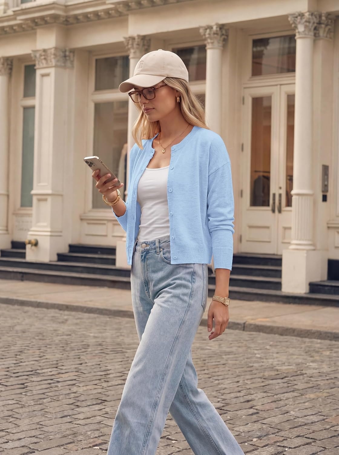 image:imageGRACE KARIN Cropped Cardigan Sweaters for Women Long Sleeve Crew Neck Open Front Jackets Y2K Fall Fashion Clothes 2026Light Blue