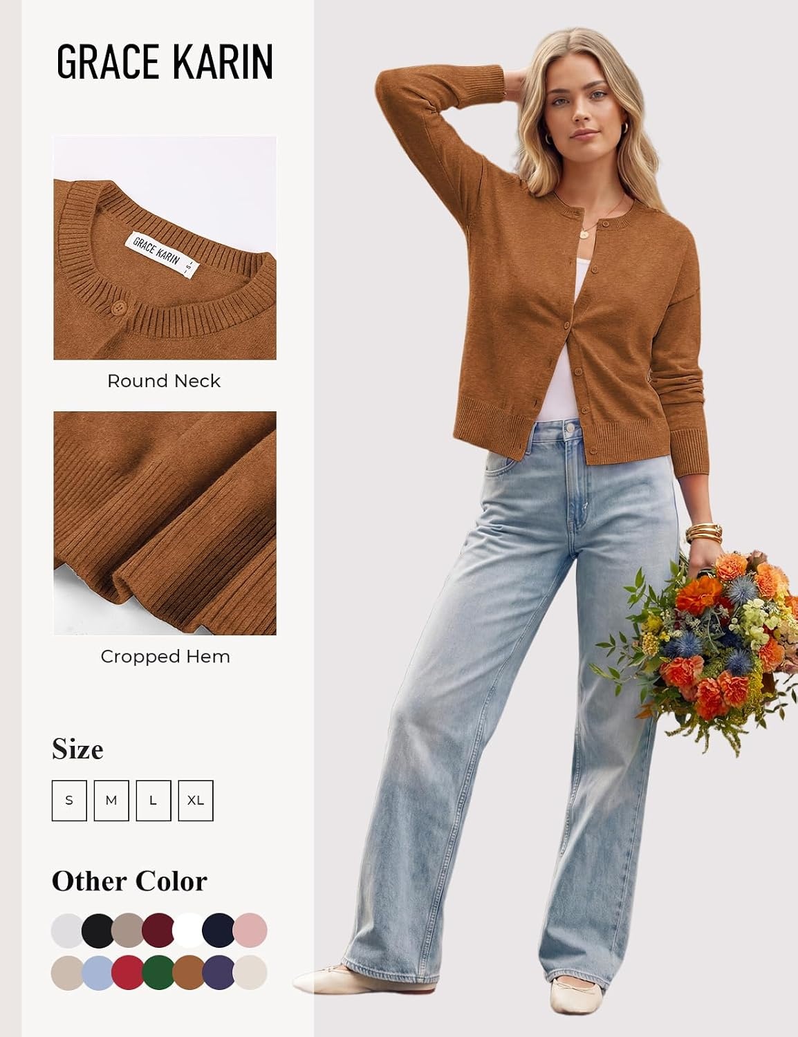 image:imageGRACE KARIN Cropped Cardigan Sweaters for Women Long Sleeve Crew Neck Open Front Jackets Y2K Fall Fashion Clothes 2026Pumpkin Orange