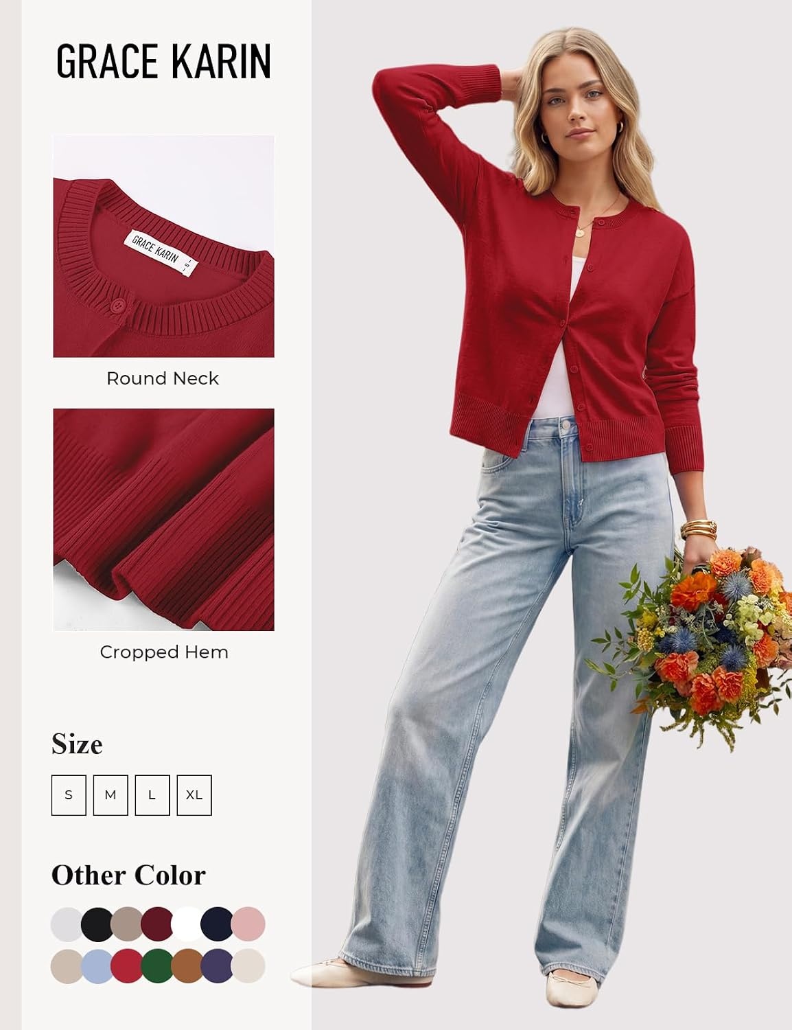 image:imageGRACE KARIN Cropped Cardigan Sweaters for Women Long Sleeve Crew Neck Open Front Jackets Y2K Fall Fashion Clothes 2026Red