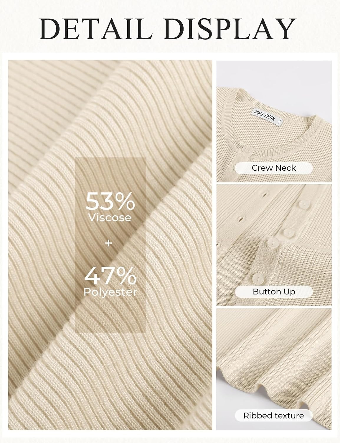 image:imageGRACE KARIN Fall Fitted Cardigan Sweaters for Women Button Up Ribbed KnitApricot