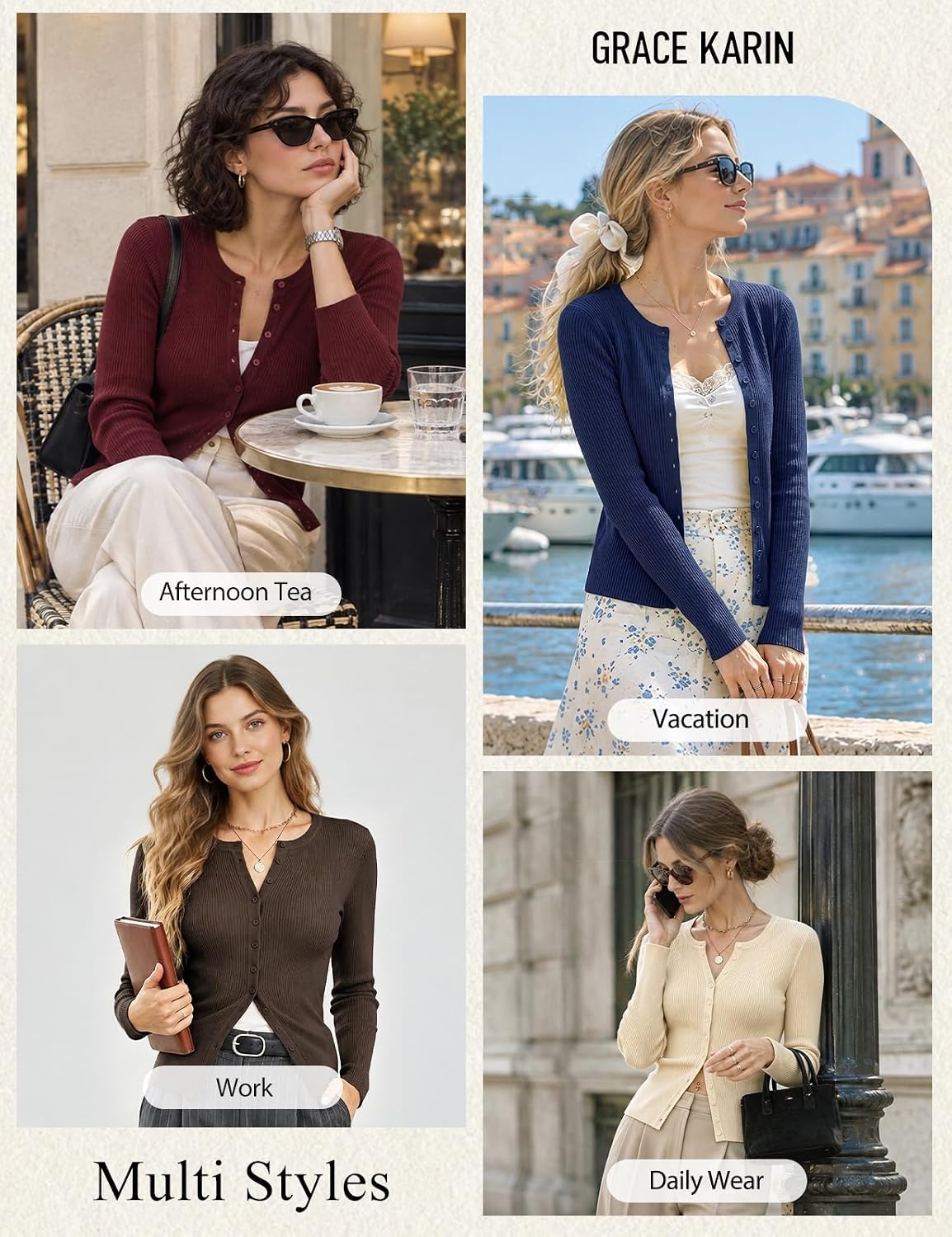 image:imageGRACE KARIN Fall Fitted Cardigan Sweaters for Women Button Up Ribbed KnitBlack
