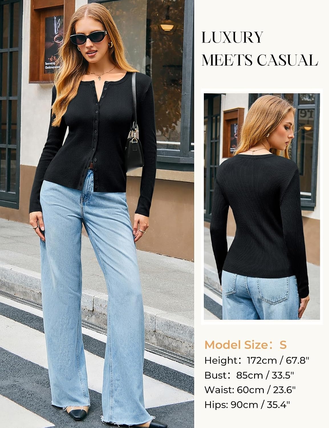 image:imageGRACE KARIN Fall Fitted Cardigan Sweaters for Women Button Up Ribbed KnitBlack