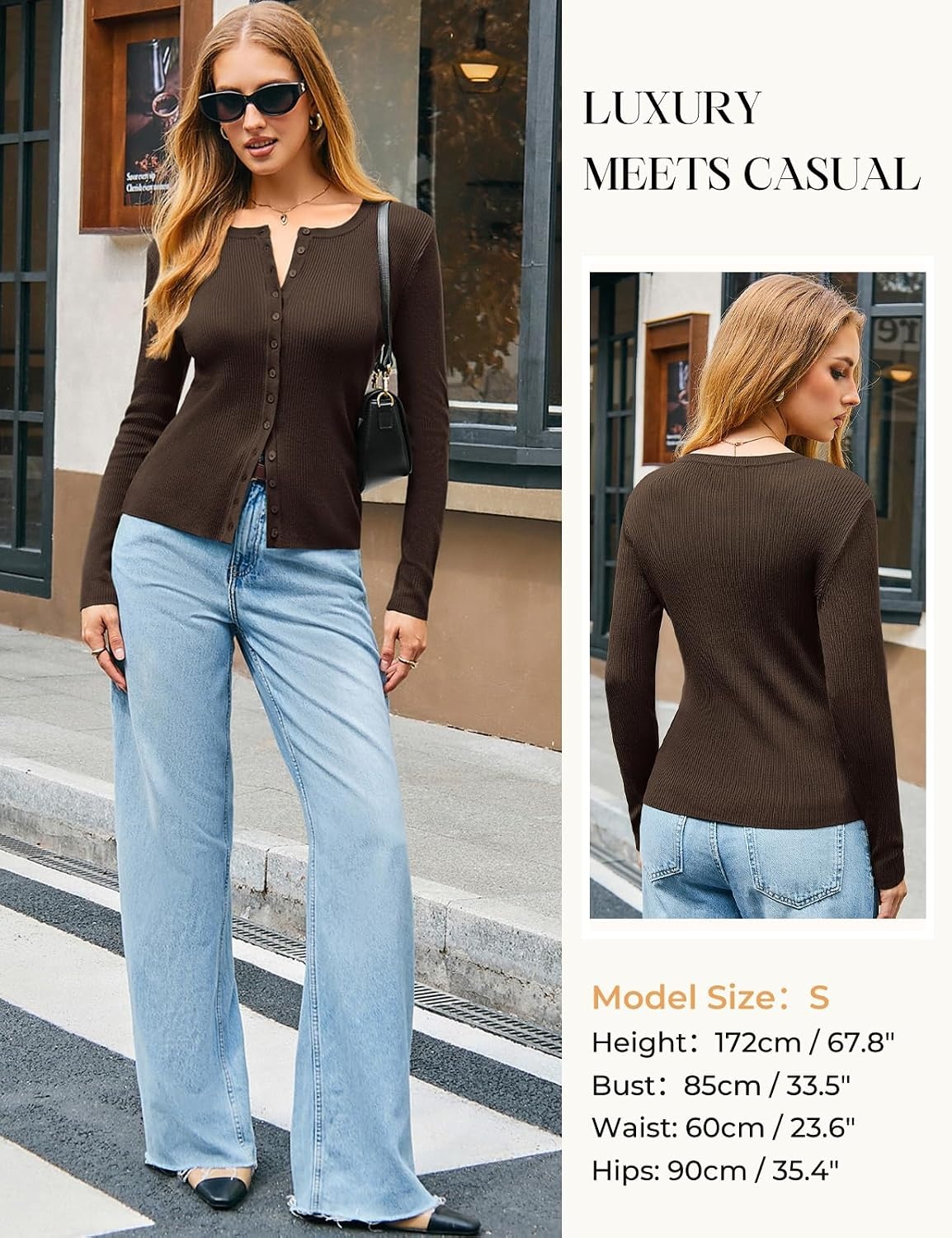 image:imageGRACE KARIN Fall Fitted Cardigan Sweaters for Women Button Up Ribbed KnitDark Chocolate