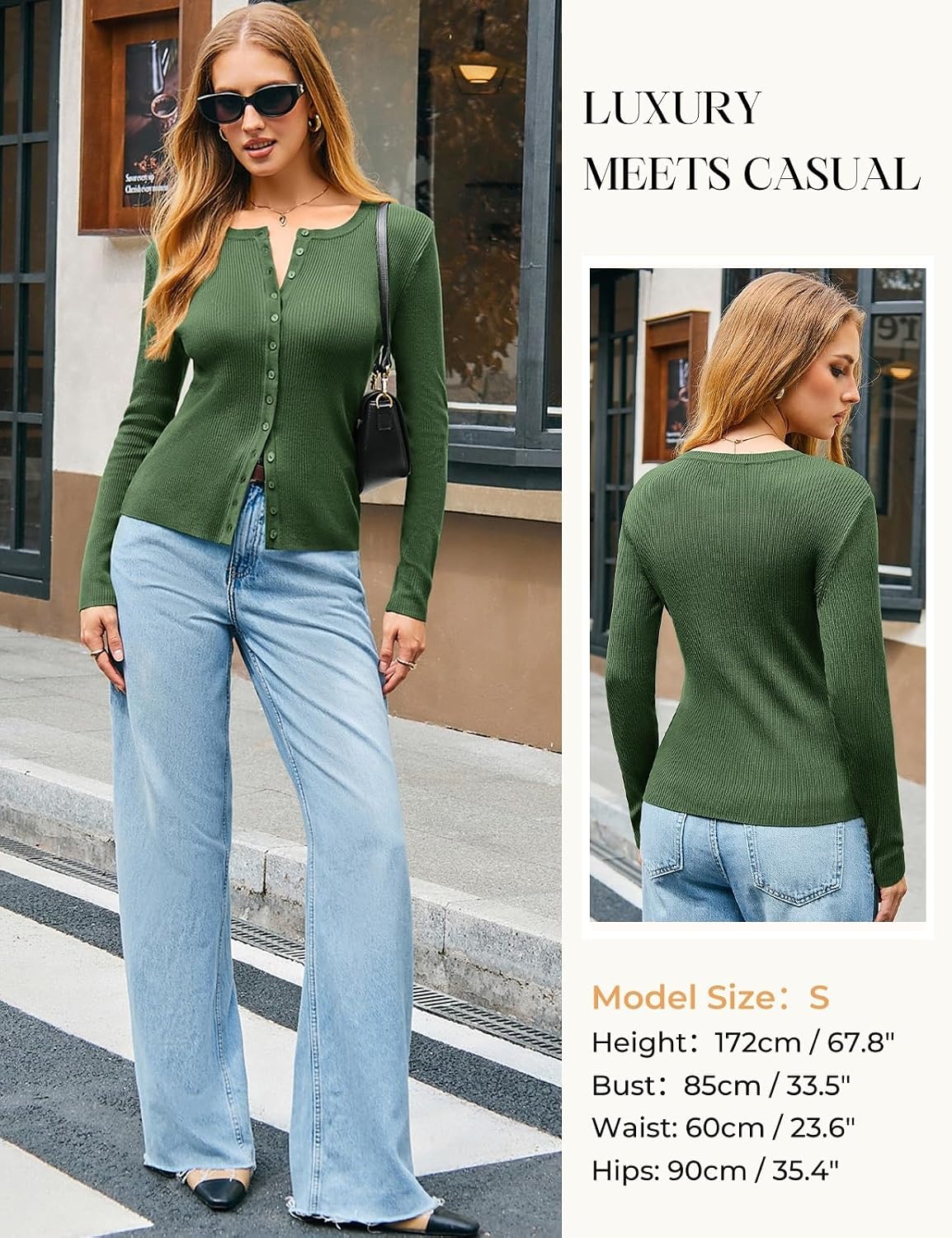 image:imageGRACE KARIN Fall Fitted Cardigan Sweaters for Women Button Up Ribbed KnitGreen