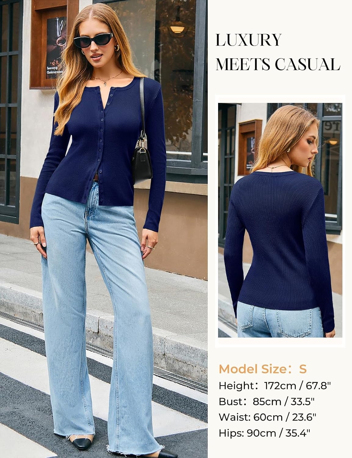 image:imageGRACE KARIN Fall Fitted Cardigan Sweaters for Women Button Up Ribbed KnitNavy