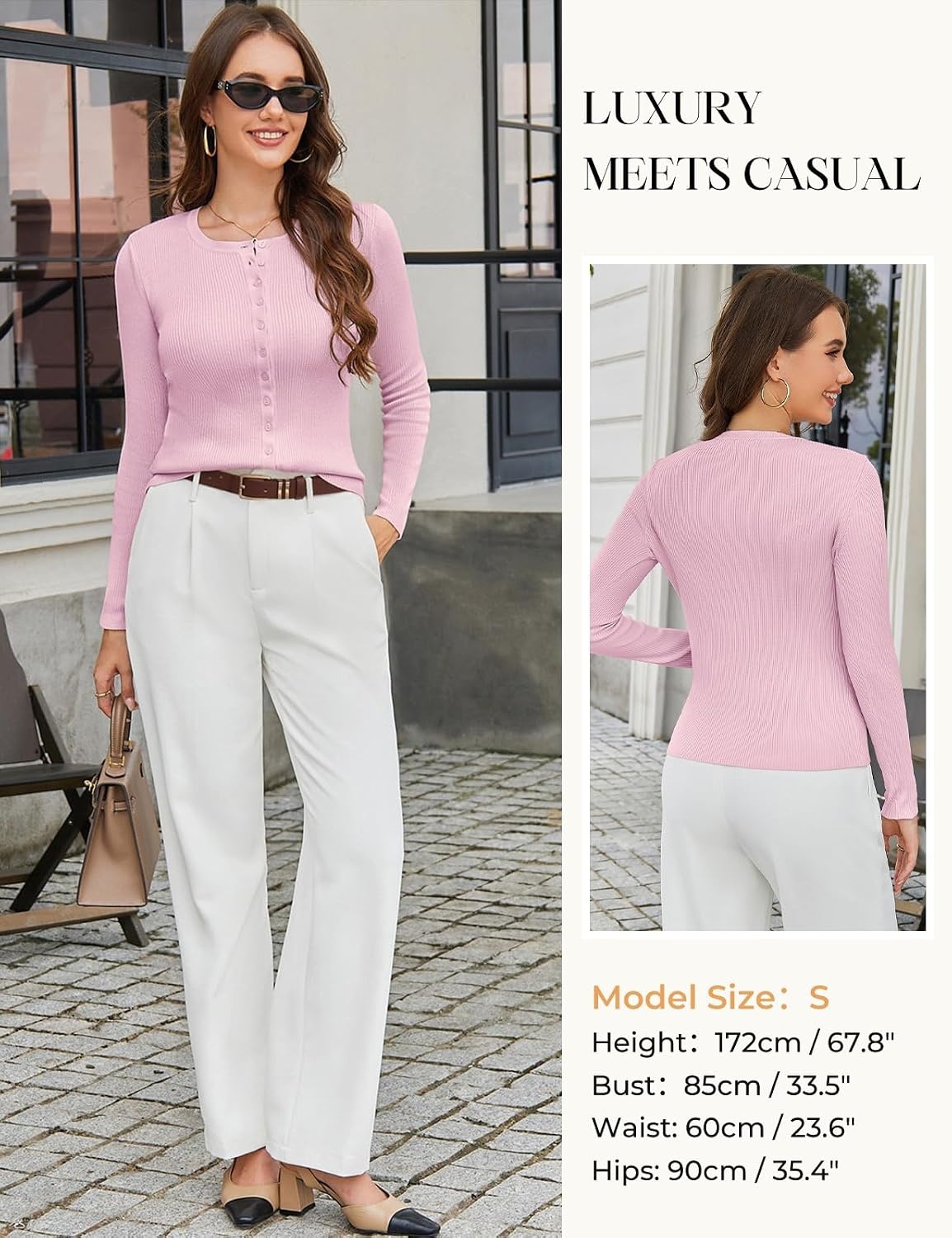 image:imageGRACE KARIN Fall Fitted Cardigan Sweaters for Women Button Up Ribbed KnitPink