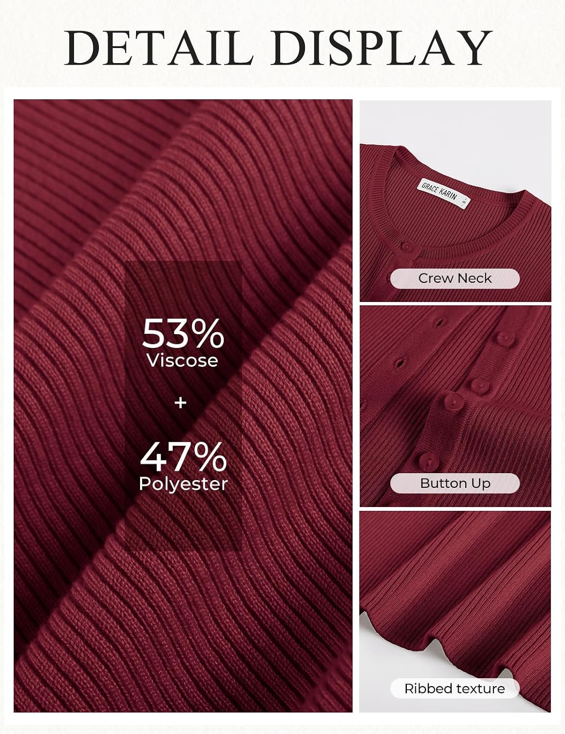 image:imageGRACE KARIN Fall Fitted Cardigan Sweaters for Women Button Up Ribbed KnitRed