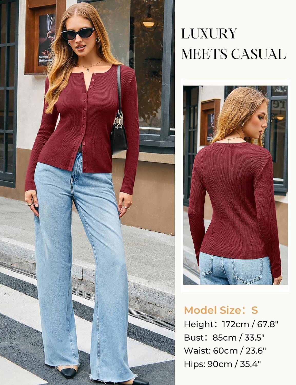 image:imageGRACE KARIN Fall Fitted Cardigan Sweaters for Women Button Up Ribbed KnitRed