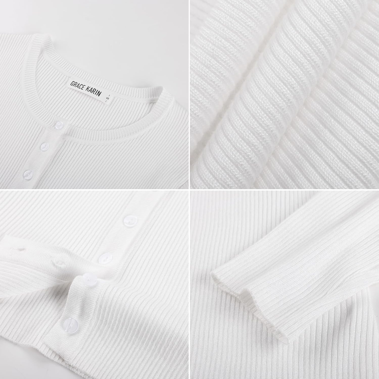 image:imageGRACE KARIN Fall Fitted Cardigan Sweaters for Women Button Up Ribbed KnitWhite
