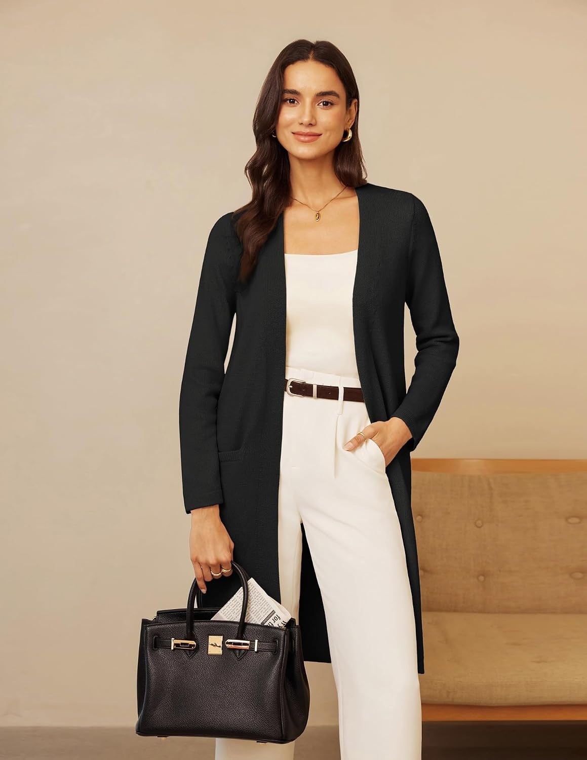 image:imageGRACE KARIN Long Cardigans for Women Open Front Knit Duster with PocketsBlack