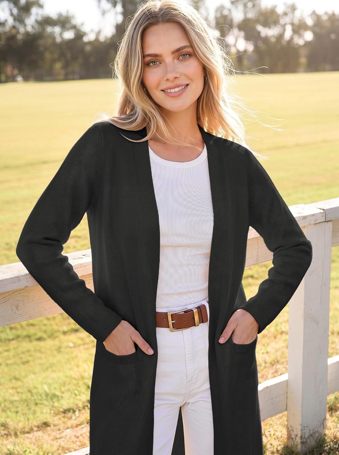 image:imageGRACE KARIN Long Cardigans for Women Open Front Knit Duster with PocketsBlack