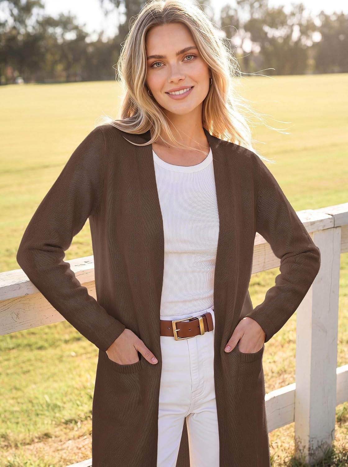 image:imageGRACE KARIN Long Cardigans for Women Open Front Knit Duster with PocketsCoffee