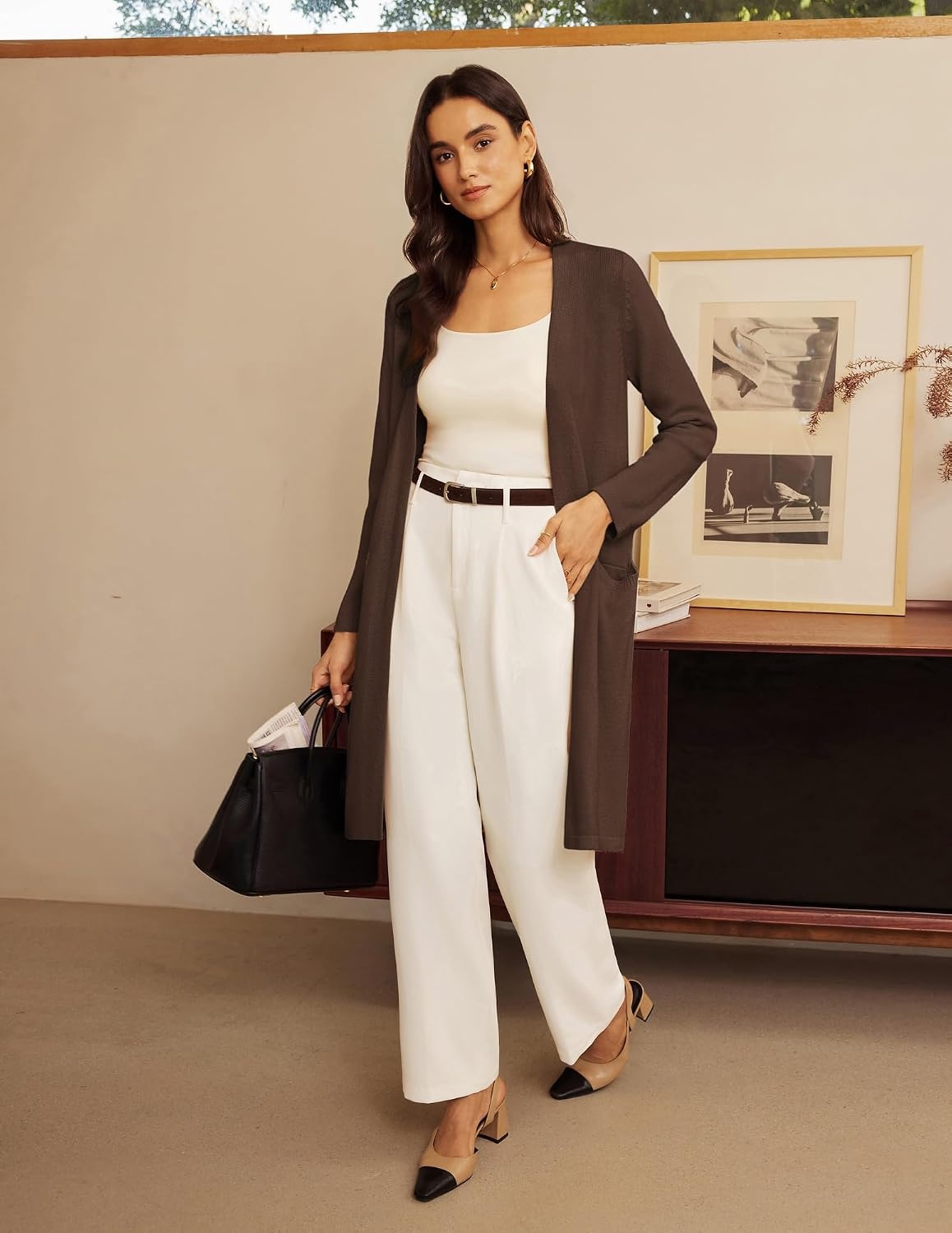 image:imageGRACE KARIN Long Cardigans for Women Open Front Knit Duster with PocketsCoffee