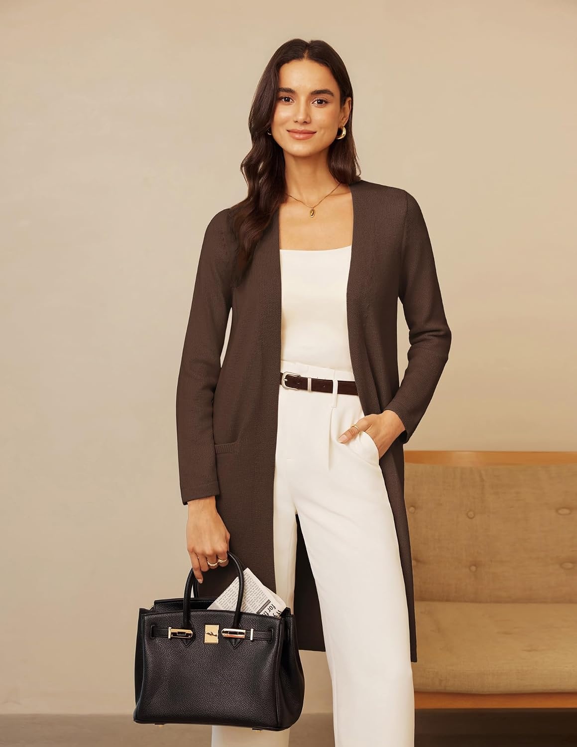 image:imageGRACE KARIN Long Cardigans for Women Open Front Knit Duster with PocketsCoffee