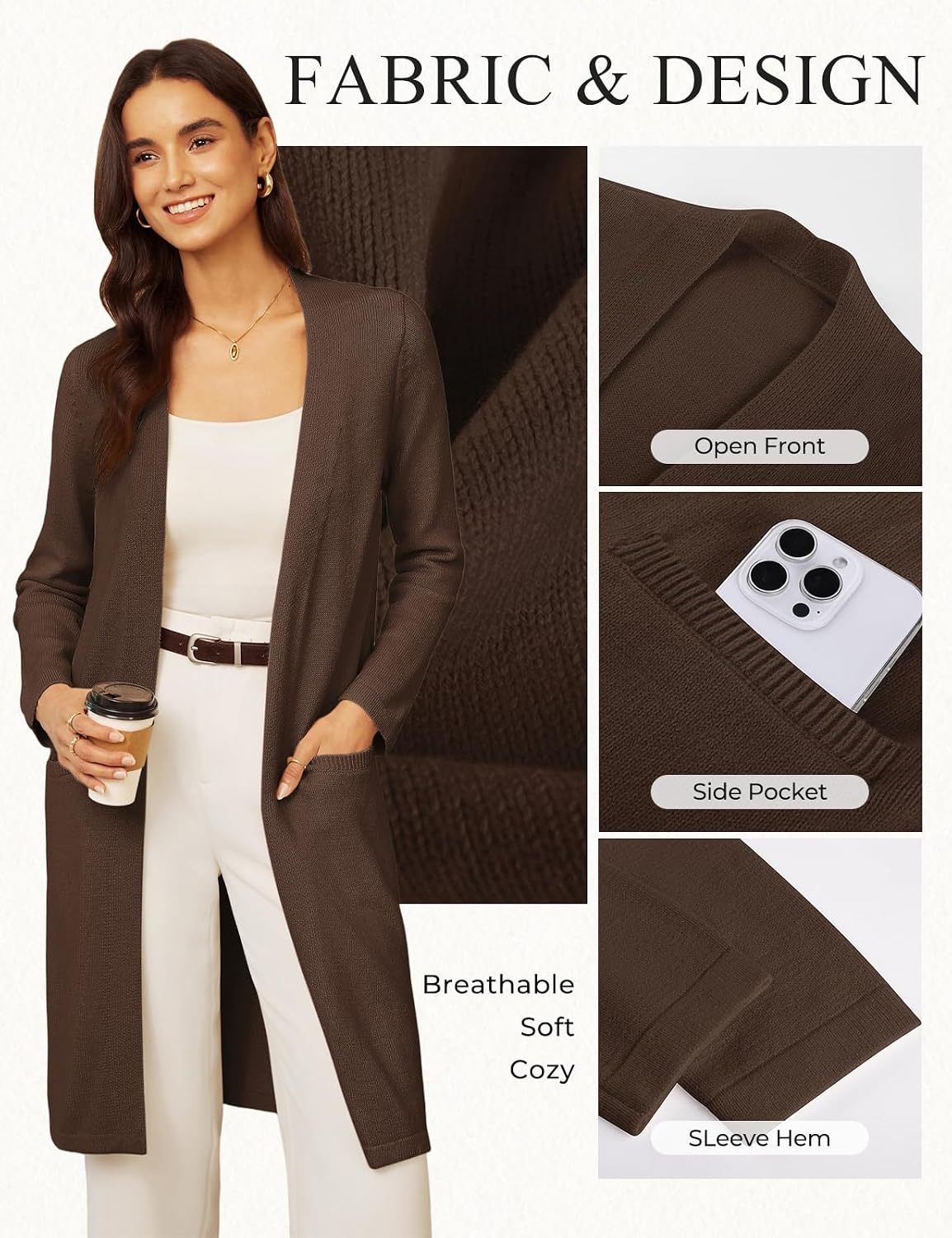 image:imageGRACE KARIN Long Cardigans for Women Open Front Knit Duster with PocketsCoffee