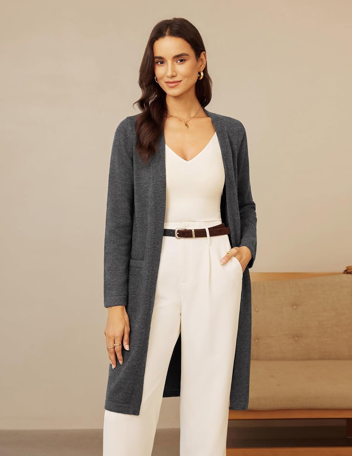 image:imageGRACE KARIN Long Cardigans for Women Open Front Knit Duster with PocketsDark Grey