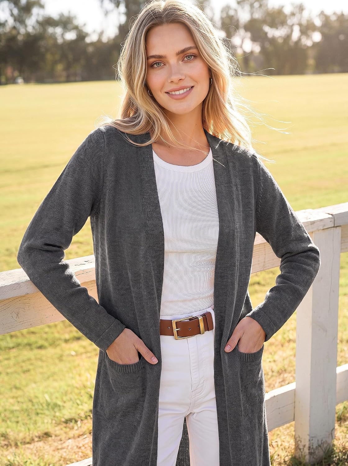 image:imageGRACE KARIN Long Cardigans for Women Open Front Knit Duster with PocketsDark Grey