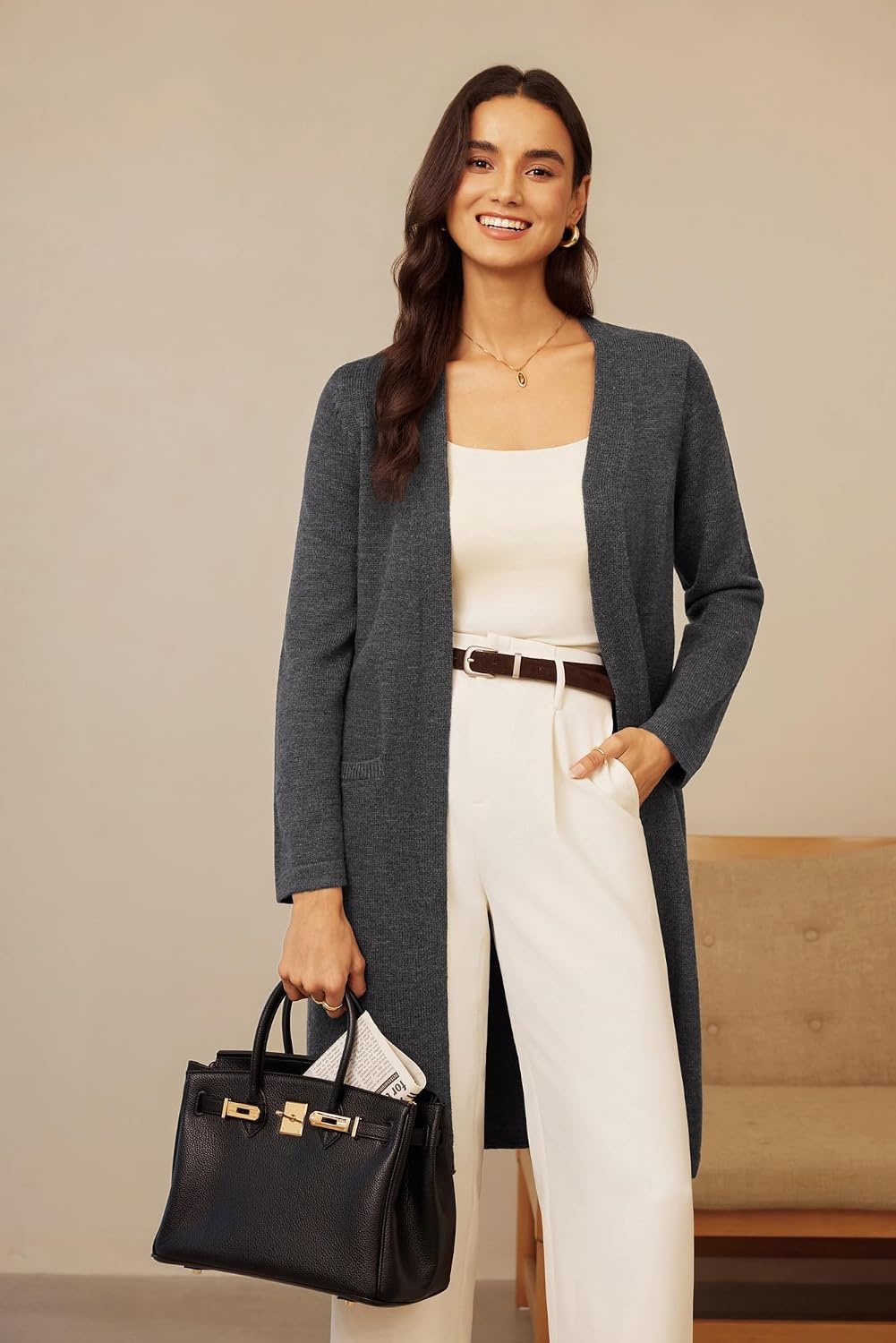 image:imageGRACE KARIN Long Cardigans for Women Open Front Knit Duster with PocketsDark Grey