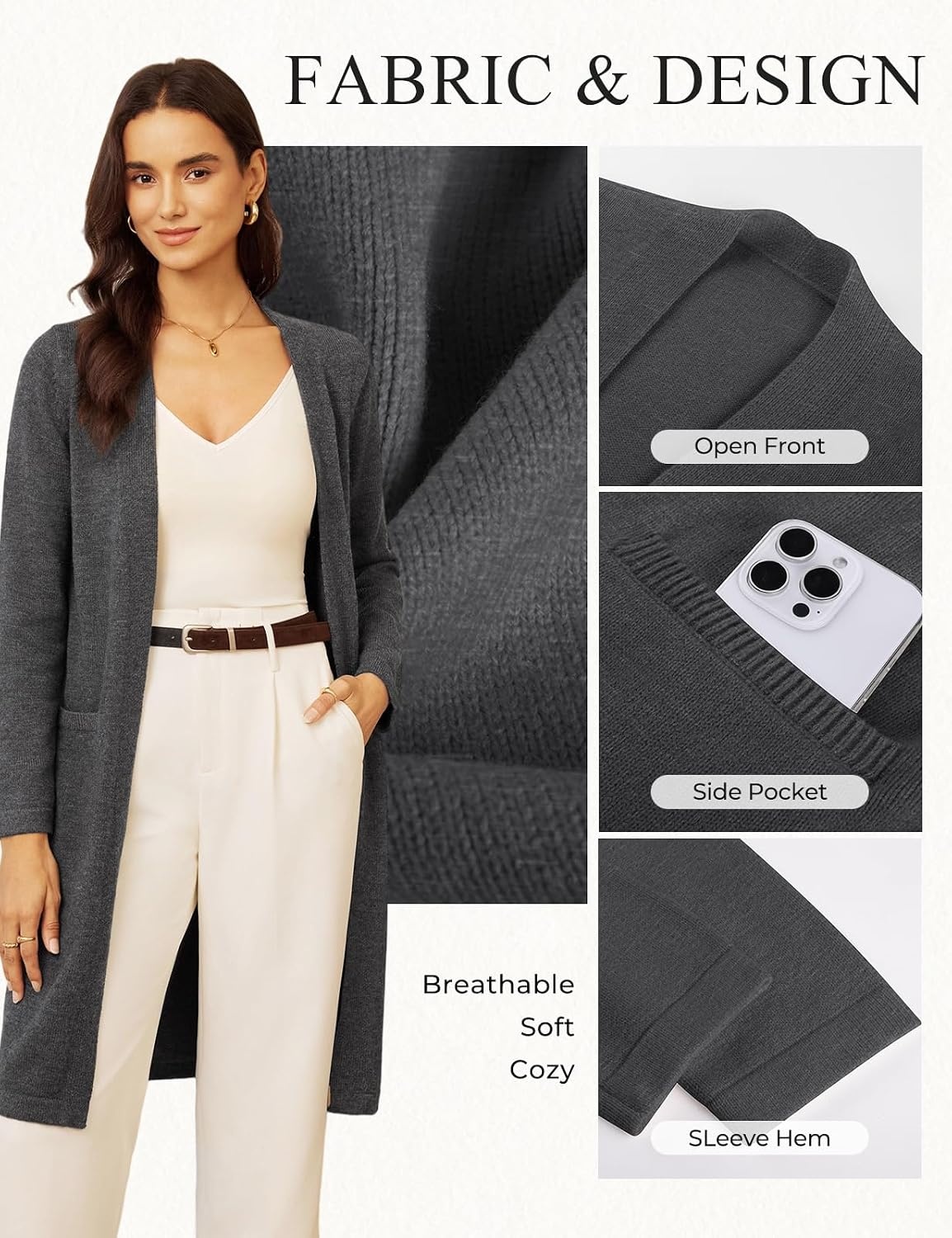 image:imageGRACE KARIN Long Cardigans for Women Open Front Knit Duster with PocketsDark Grey