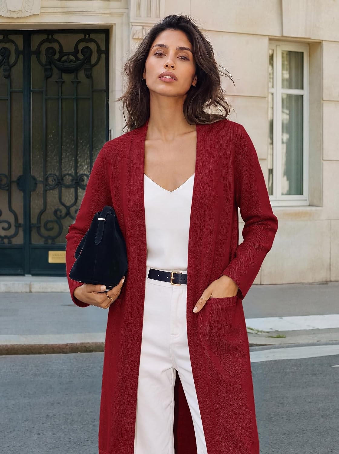 image:imageGRACE KARIN Long Cardigans for Women Open Front Knit Duster with PocketsDark Red