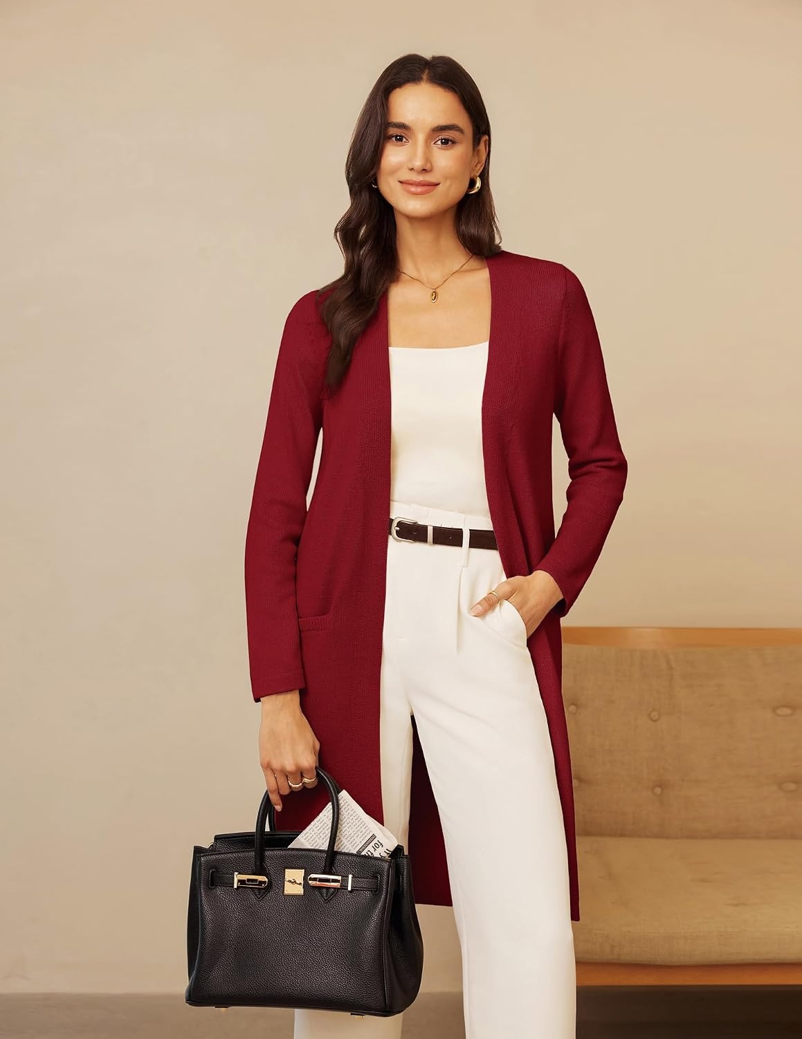 image:imageGRACE KARIN Long Cardigans for Women Open Front Knit Duster with PocketsDark Red