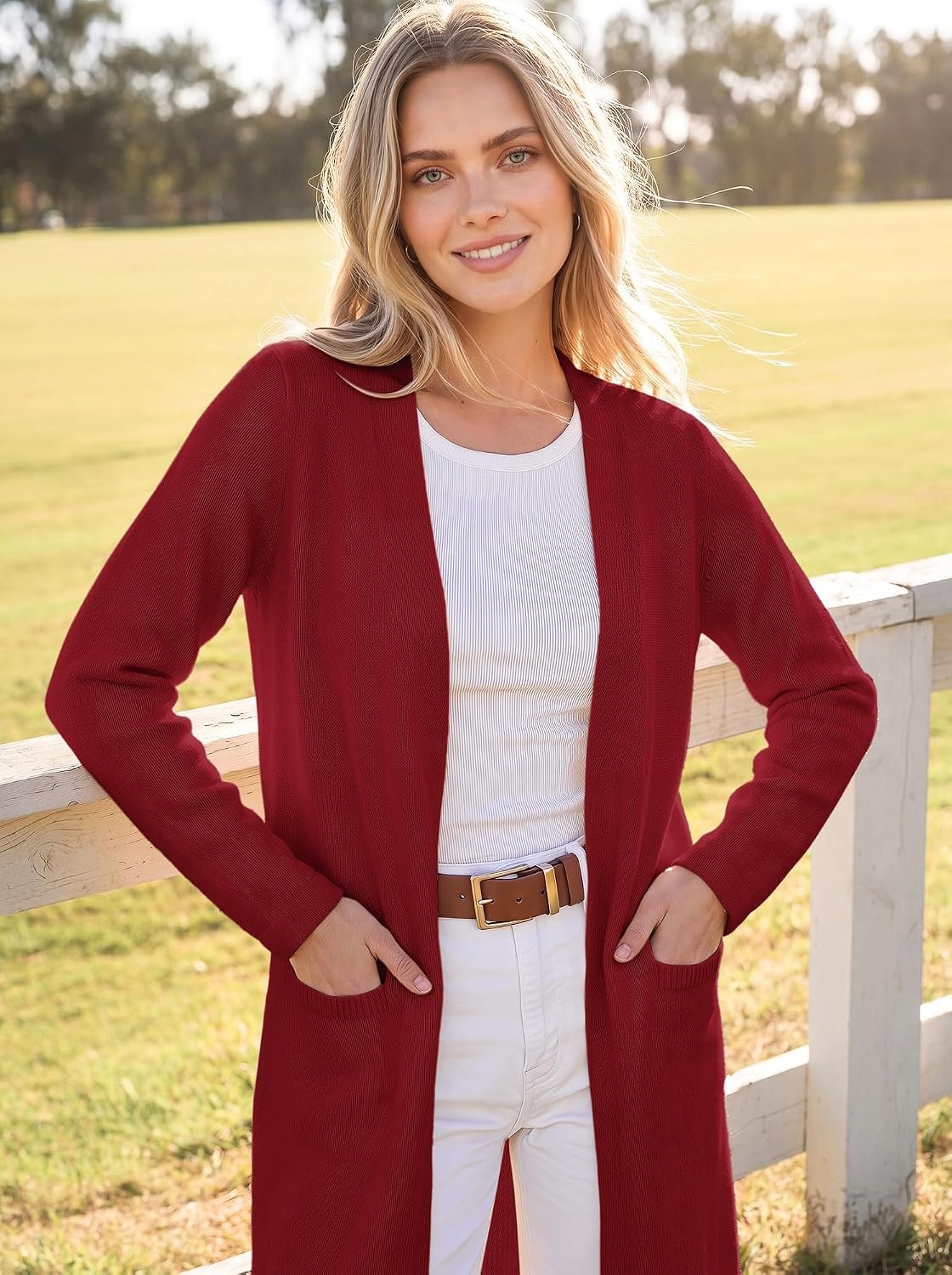 image:imageGRACE KARIN Long Cardigans for Women Open Front Knit Duster with PocketsDark Red