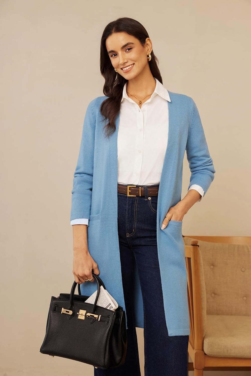 image:imageGRACE KARIN Long Cardigans for Women Open Front Knit Duster with PocketsGrey Blue