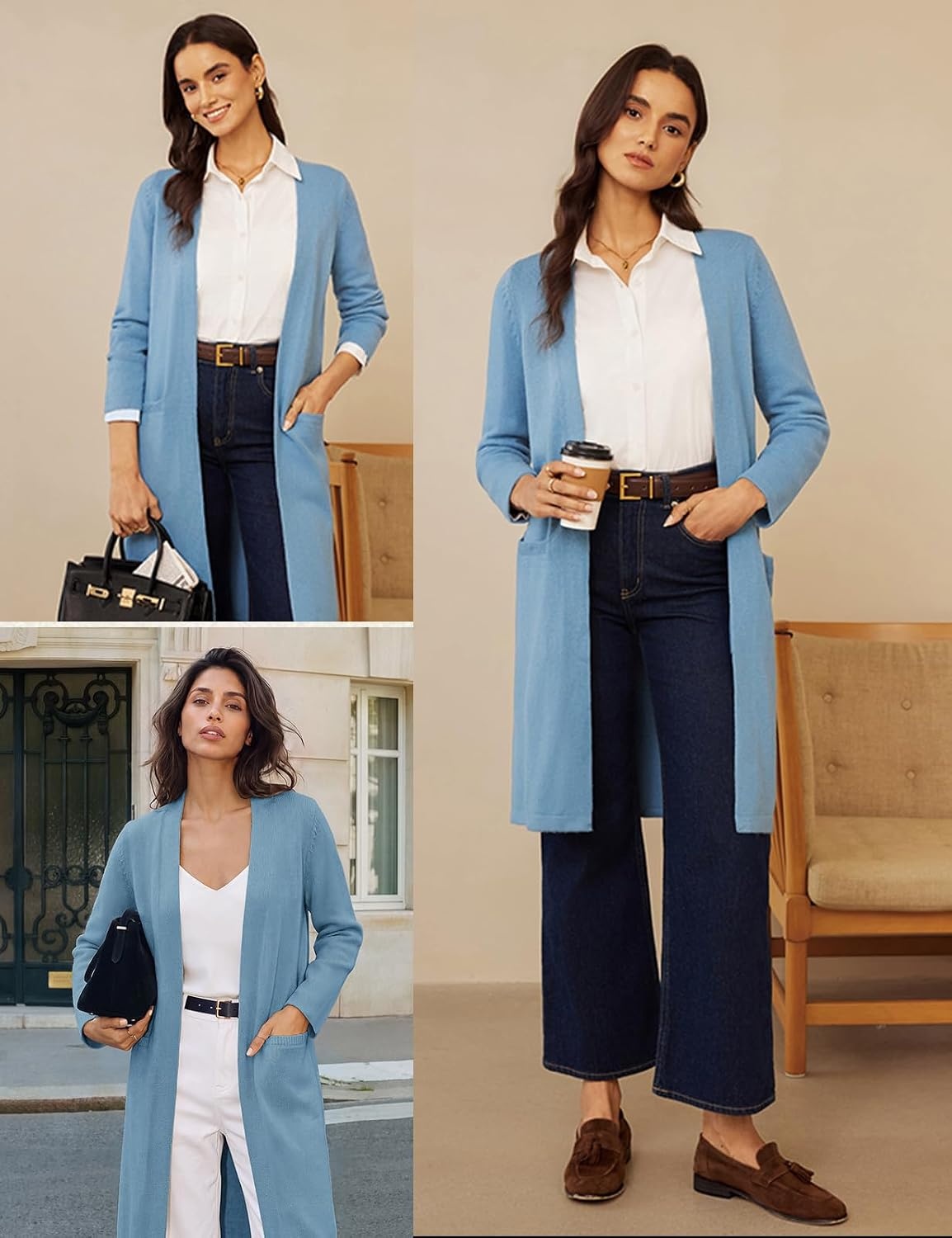 image:imageGRACE KARIN Long Cardigans for Women Open Front Knit Duster with PocketsGrey Blue