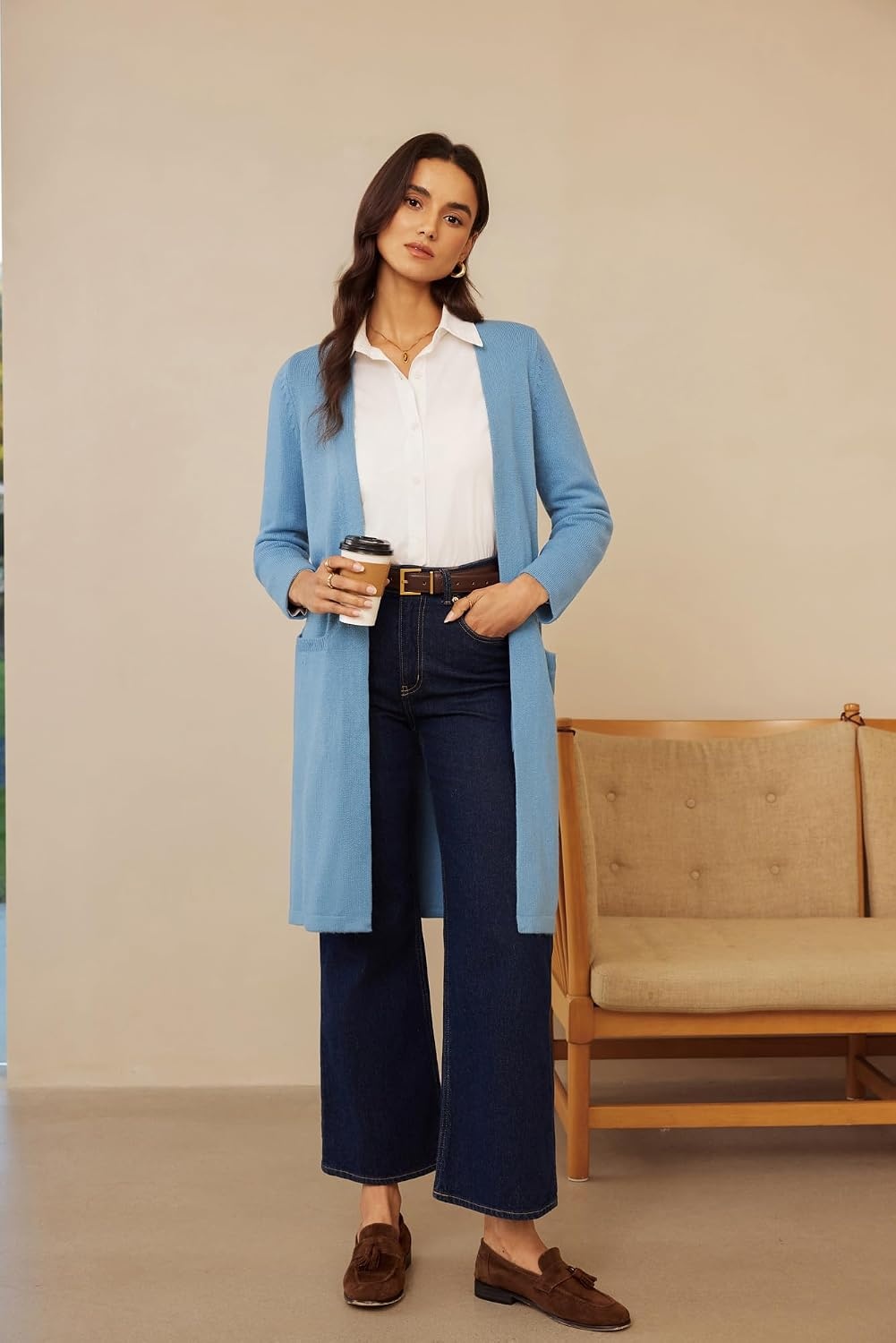 image:imageGRACE KARIN Long Cardigans for Women Open Front Knit Duster with PocketsGrey Blue