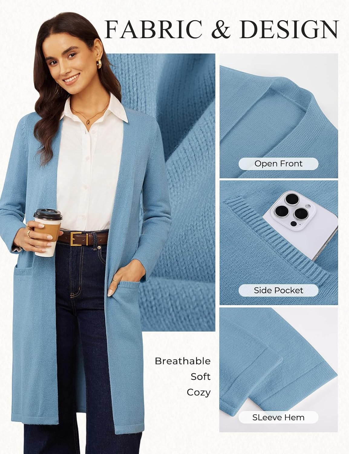 image:imageGRACE KARIN Long Cardigans for Women Open Front Knit Duster with PocketsGrey Blue
