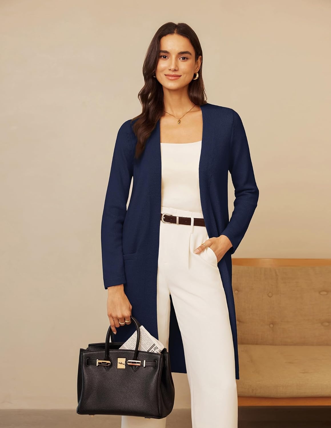 image:imageGRACE KARIN Long Cardigans for Women Open Front Knit Duster with PocketsNavy Blue