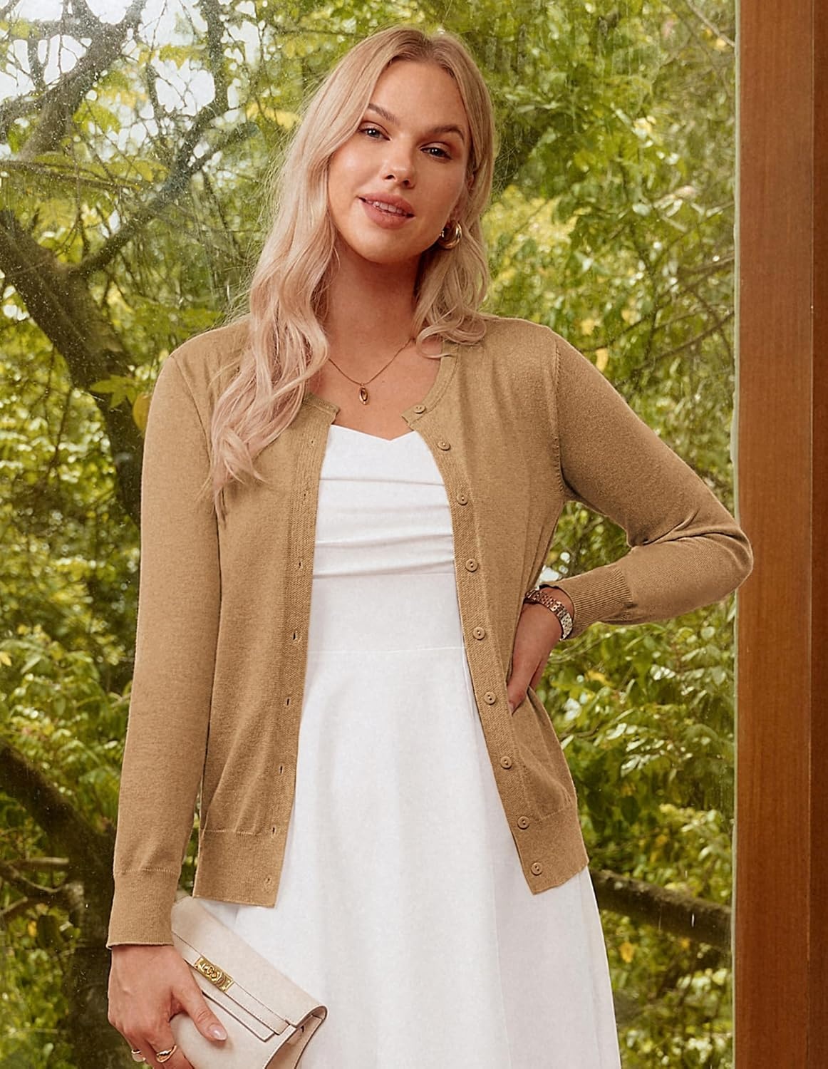 image:imageGRACE KARIN Women Cardigan Sweaters Lightweight Button Up Knit Fall SweaterGolden Apricot