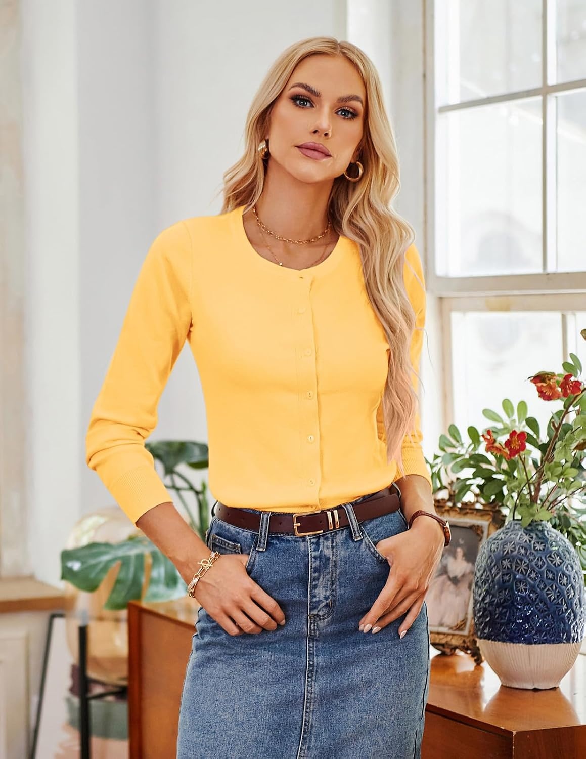 image:imageGRACE KARIN Women Cardigan Sweaters Lightweight Button Up Knit Fall SweaterLight Yellow