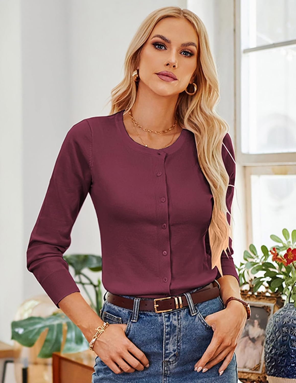image:imageGRACE KARIN Women Cardigan Sweaters Lightweight Button Up Knit Fall SweaterPurple