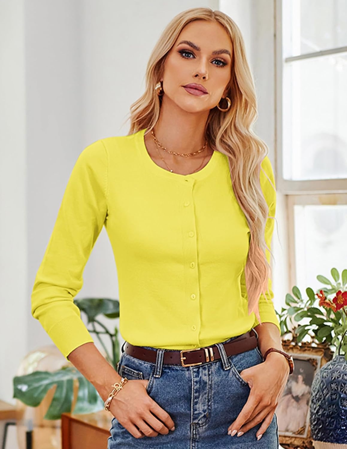 image:imageGRACE KARIN Women Cardigan Sweaters Lightweight Button Up Knit Fall SweaterYellow
