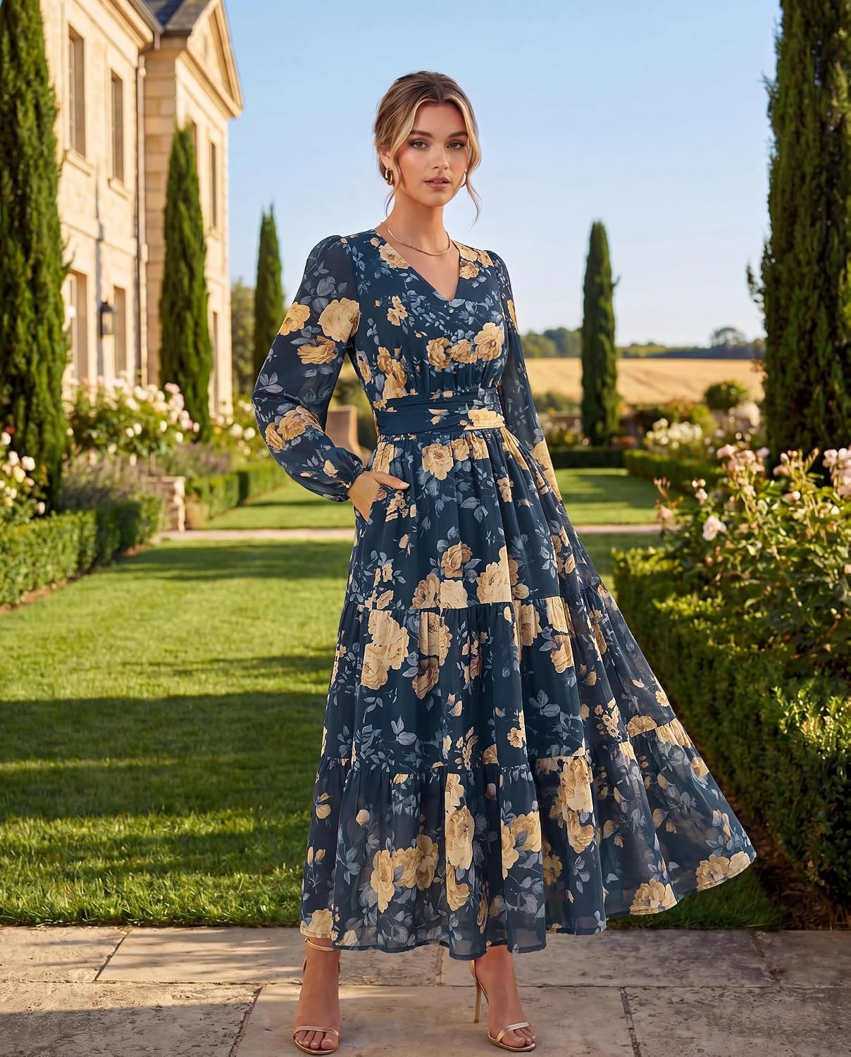 image:imageGRACE KARIN Women Floral Maxi Dress Fall Long Sleeve Wedding Guest DressesDark Blue With Yellow Flowers