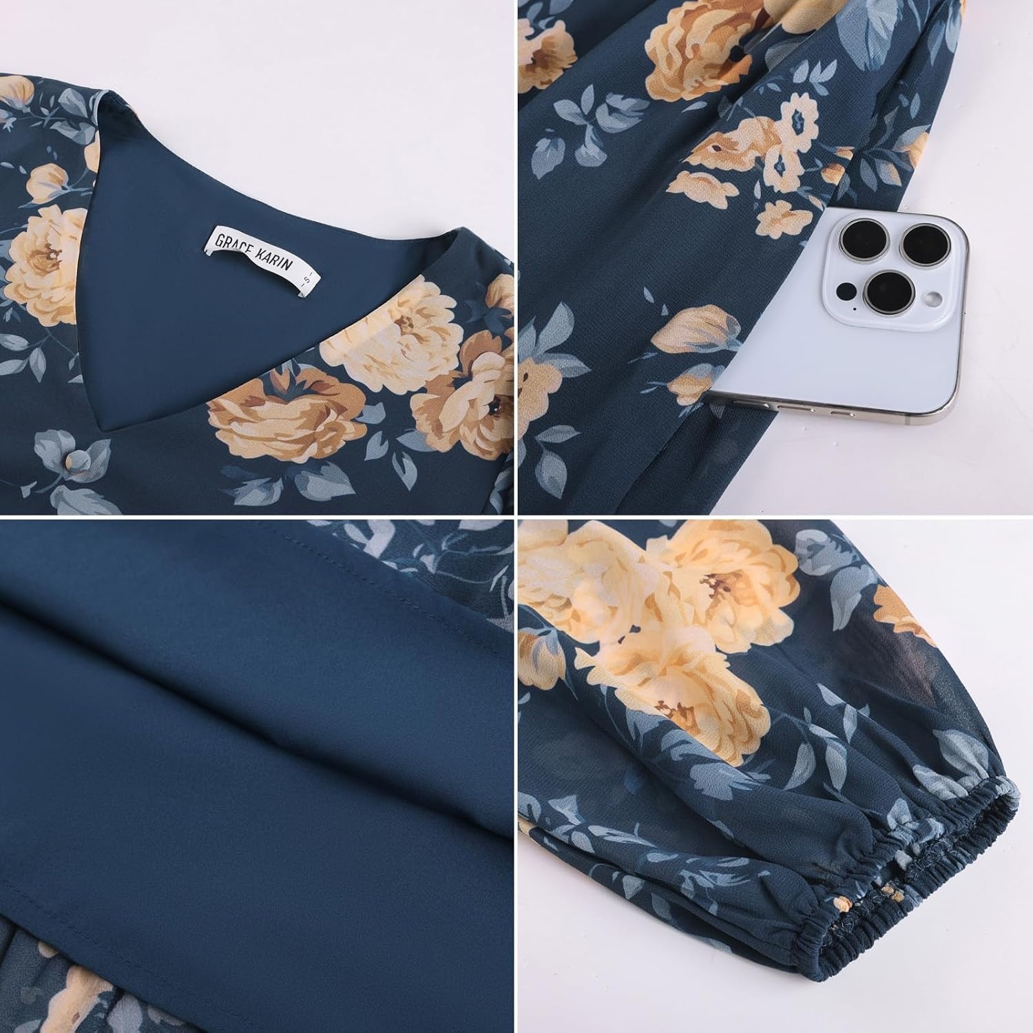image:imageGRACE KARIN Women Floral Maxi Dress Fall Long Sleeve Wedding Guest DressesDark Blue With Yellow Flowers