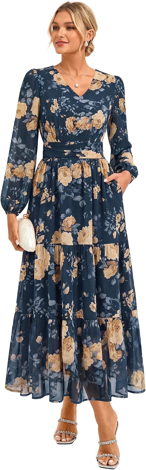 image:imageGRACE KARIN Women Floral Maxi Dress Fall Long Sleeve Wedding Guest DressesDark Blue With Yellow Flowers
