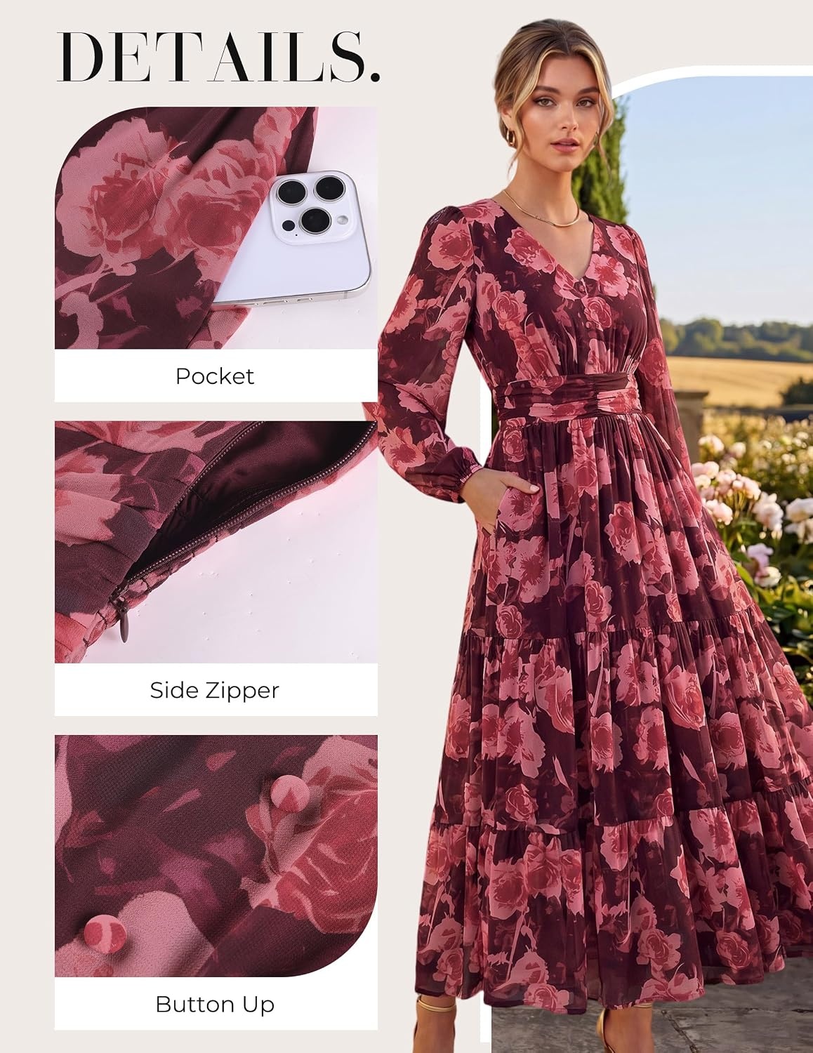 image:imageGRACE KARIN Women Floral Maxi Dress Fall Long Sleeve Wedding Guest DressesDark Red With Red Flowers