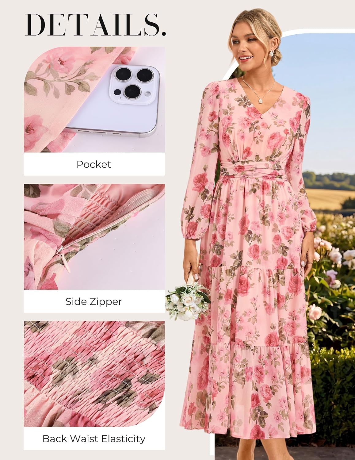 image:imageGRACE KARIN Women Floral Maxi Dress Fall Long Sleeve Wedding Guest DressesGrayish With Pink Flowers
