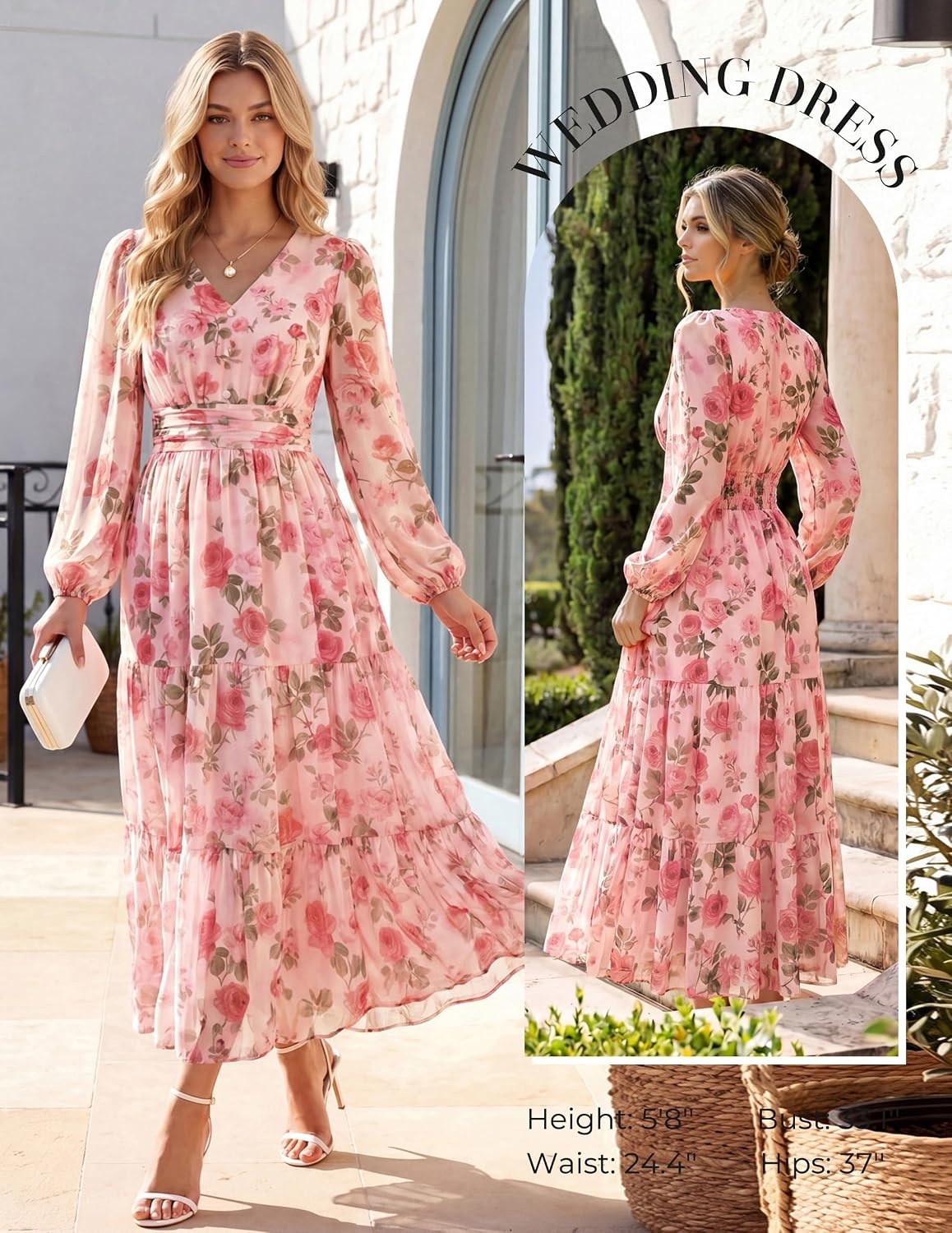 image:imageGRACE KARIN Women Floral Maxi Dress Fall Long Sleeve Wedding Guest DressesGrayish With Pink Flowers