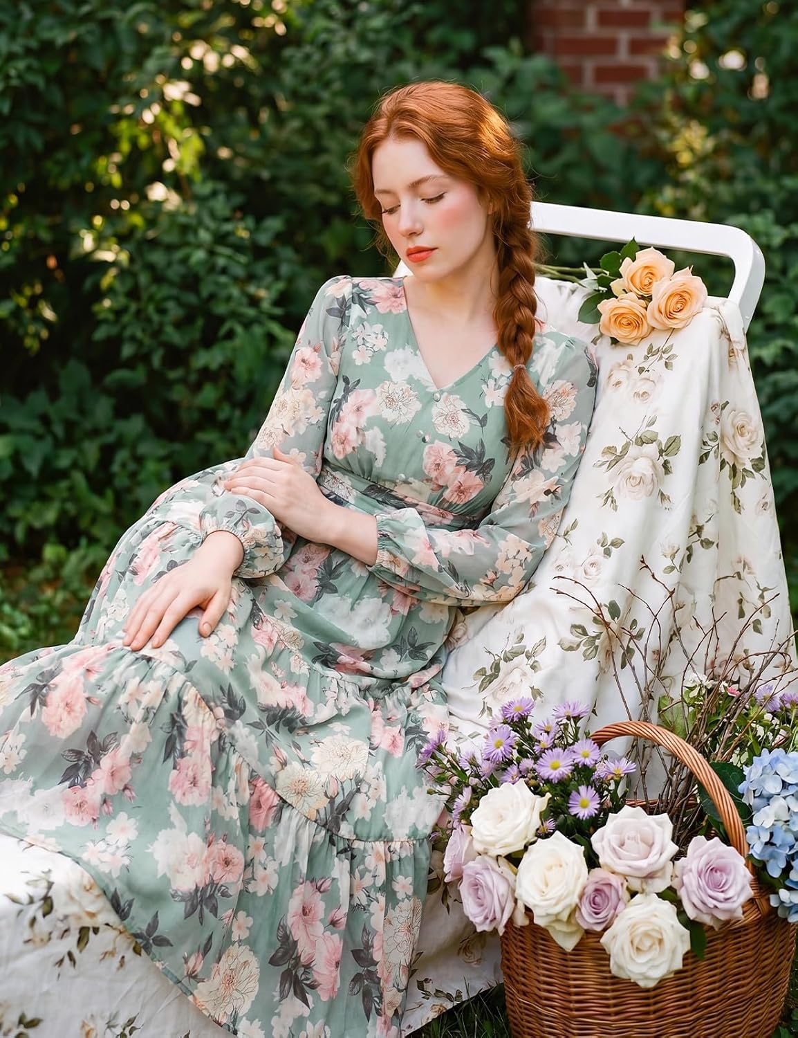 image:imageGRACE KARIN Women Floral Maxi Dress Fall Long Sleeve Wedding Guest DressesGreen With Pink Yellow Flowers
