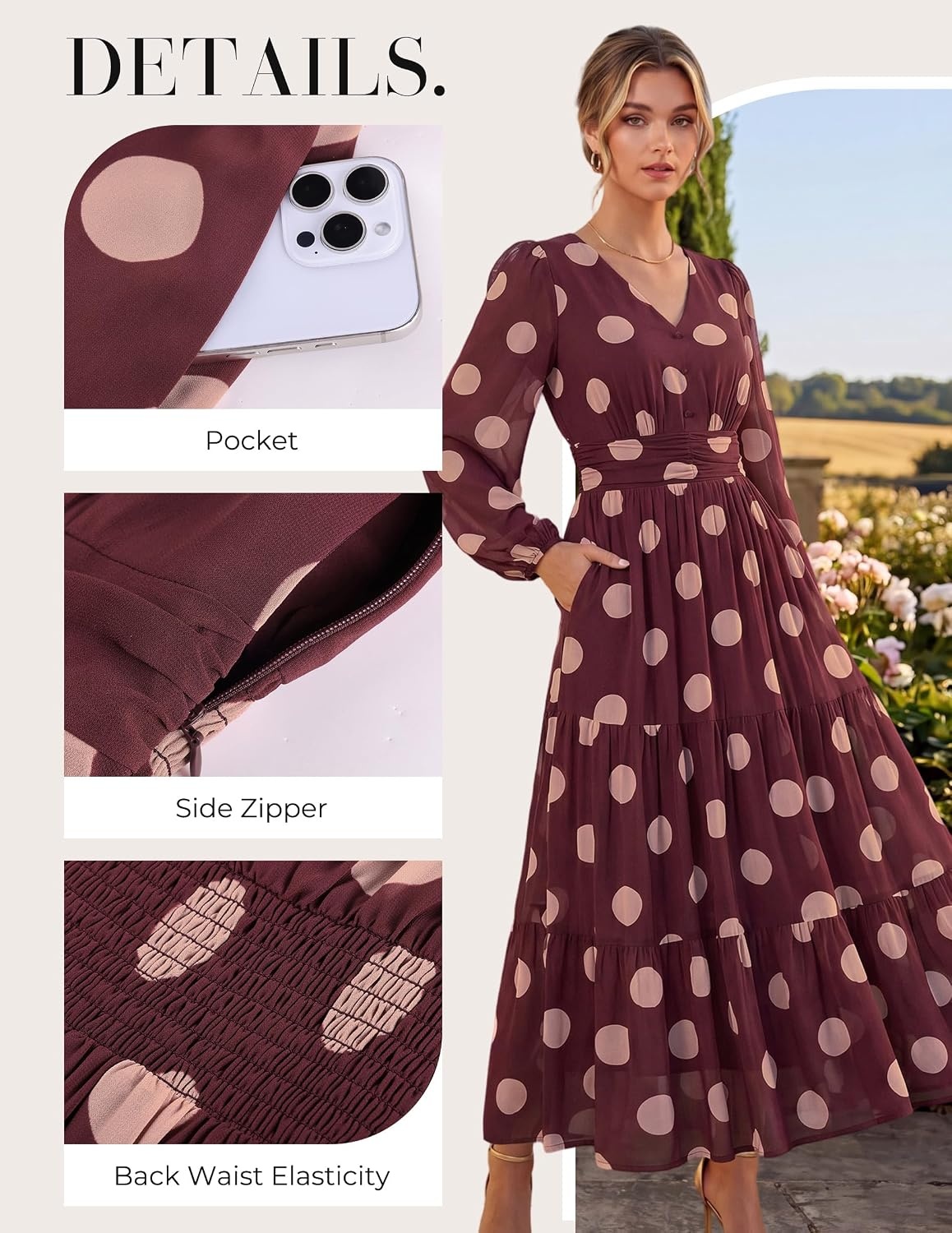 image:imageGRACE KARIN Women Floral Maxi Dress Fall Long Sleeve Wedding Guest DressesRed Brown With Beige Polka Dots