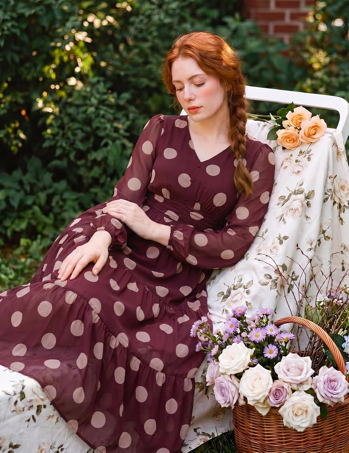 image:imageGRACE KARIN Women Floral Maxi Dress Fall Long Sleeve Wedding Guest DressesRed Brown With Beige Polka Dots