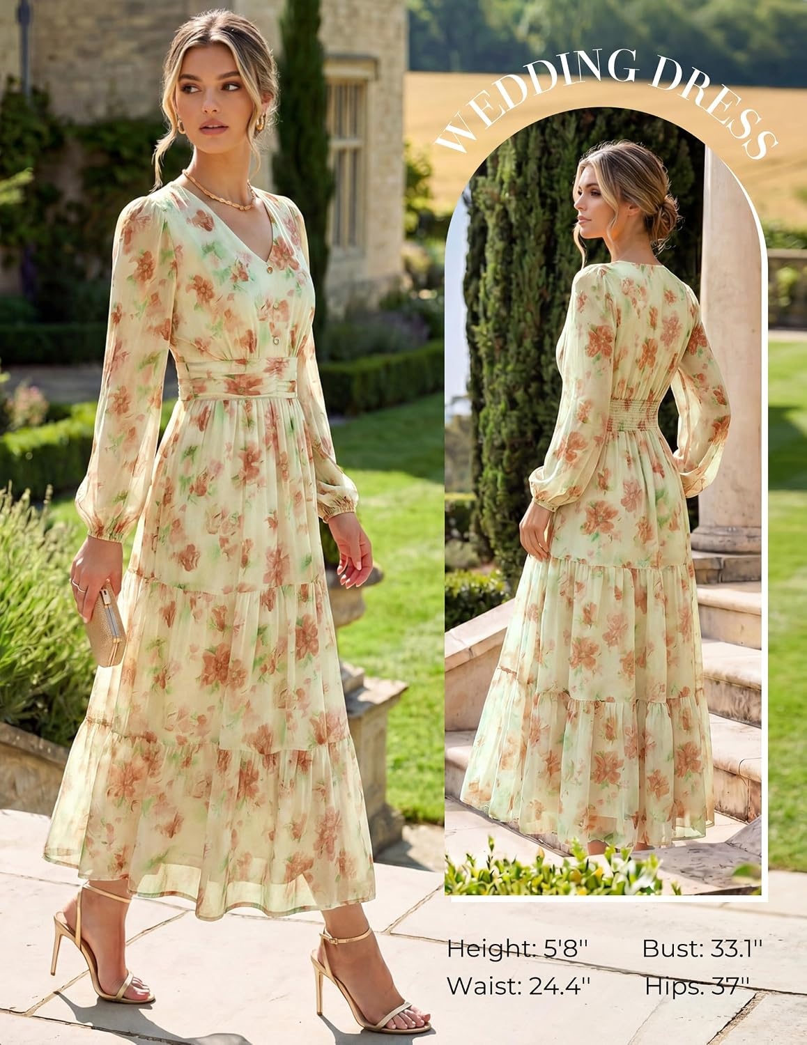 image:imageGRACE KARIN Women Floral Maxi Dress Fall Long Sleeve Wedding Guest DressesRice With Orange Flowers