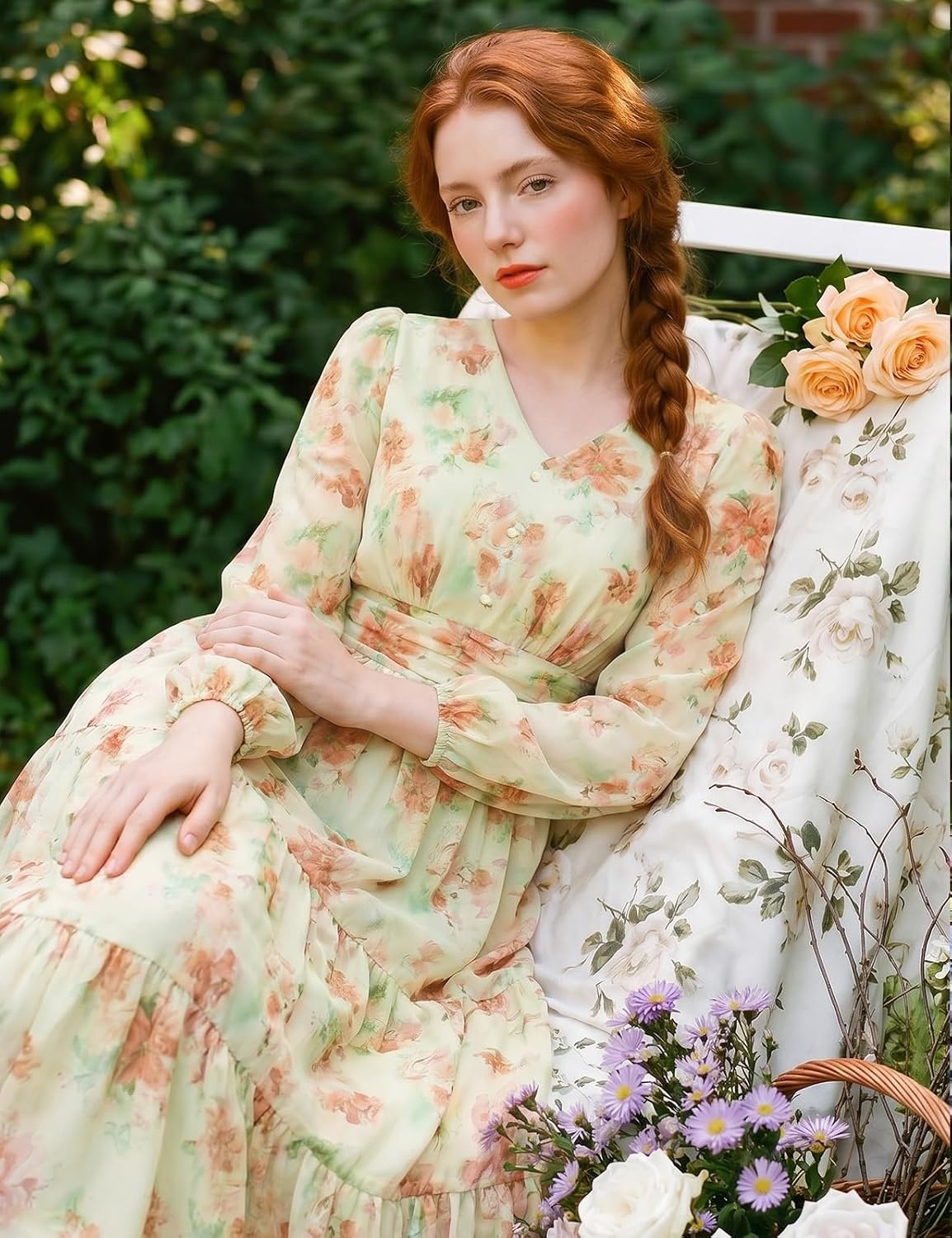 image:imageGRACE KARIN Women Floral Maxi Dress Fall Long Sleeve Wedding Guest DressesRice With Orange Flowers