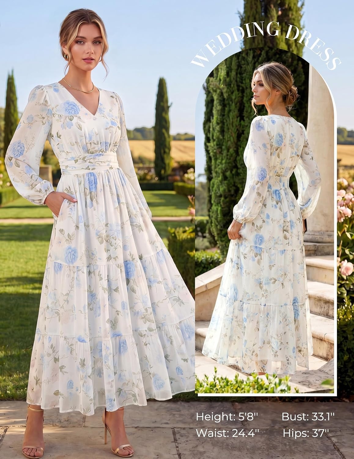 image:imageGRACE KARIN Women Floral Maxi Dress Fall Long Sleeve Wedding Guest DressesWhite With Light Blue Flowers